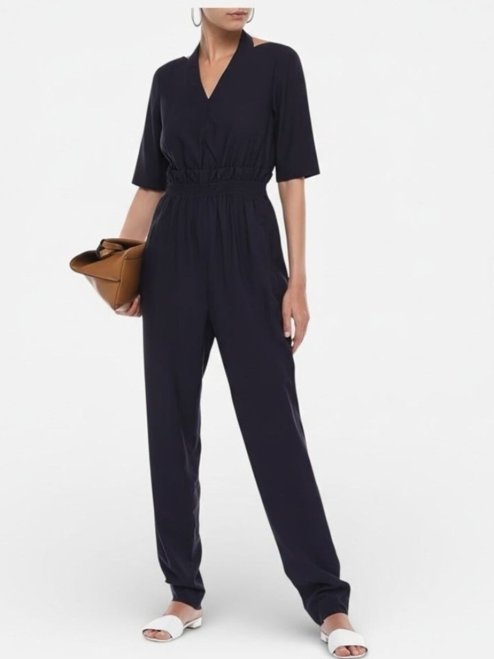 tibi Gathered Jumpsuit Buckle Neck Short Sleeve Viscose Navy Blue 6